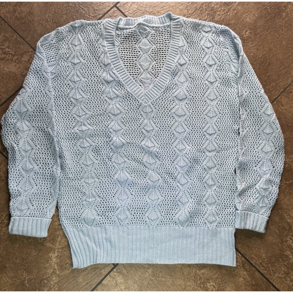 Womens Light Blue Sweater Pullover Diamond Stitch Knit Cotton Size Medium